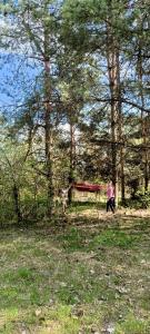 a woman sitting on a bench in a park at Chatka in Nasutów +2 photos