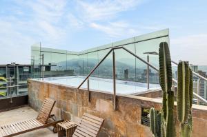 a swimming pool on the roof of a building with a cactus at Cafe Hotel Medellín in Medellín