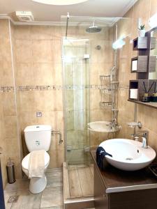 a bathroom with a toilet and a sink and a shower at Gonis Suites in Palaiochora +25 photos