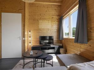 a living room with wood paneling and a television at Country Holiday home with shared pool in Someren-Heide +32 photos