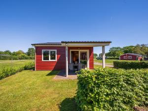 a small red tiny house on a grass field at Country Holiday home with shared pool in Someren-Heide