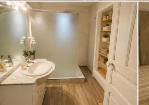 a white bathroom with a sink and a shower at Maison de vacances in Capdenac-Gare +3 photos