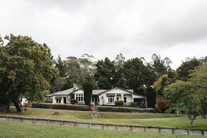 a white house on a field with trees at The Rabbiter's Cottage in Kahuranaki