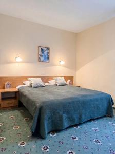 a bedroom with a large bed with a blue blanket at Annabella in Riga