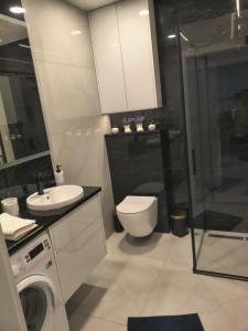 a bathroom with a toilet sink and a washing machine at Mazury Glam Studio in Giżycko +17 photos