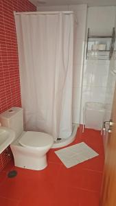 a bathroom with a white toilet and a shower at Apartamentos en playa Canido in Malpica