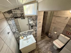 a bathroom with a sink and a toilet and a mirror at S&S Home in Petalidi +85 photos