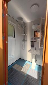 a small bathroom with a sink and a shower at Star Gazing Dome 1 with cozy log burner in Horspath +18 photos