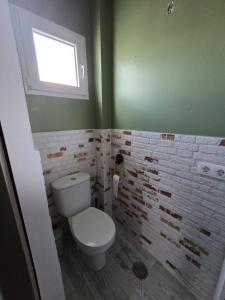 a bathroom with a toilet and a brick wall at Volcán de la Corona House in Punta Mujeres +8 photos