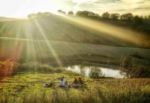 three people sitting in the grass next to a pond at Wine Resort Colsereno in Montalcino