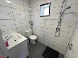a bathroom with a toilet and a sink and a shower at carmel cabins suite nu 10 in Haifa