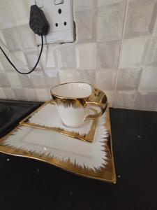 a gold tray with a tea cup on it at Mafjoint10 in eMalahleni