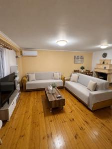 a living room with two couches and a coffee table at Belle Elle Villa in Drymon