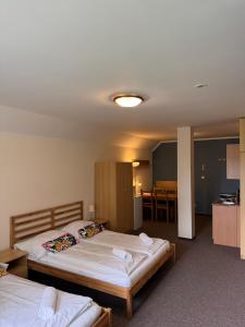 two beds in a room with a kitchen and a table at Chata Nisanka in Bedřichov