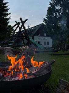 a fire pit in a yard with flames at Chata Nisanka in Bedřichov