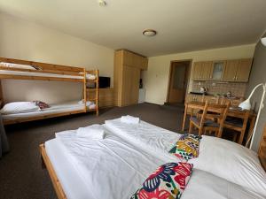 a bedroom with two bunk beds and a kitchen at Chata Nisanka in Bedřichov