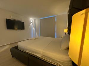 a bedroom with a large bed with a tv on the wall at Mejor Hotel, Centro Medellín, Opera, adults only entertainment in Medellín