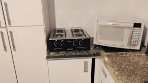 a kitchen with a stove and a microwave at Microcasa Pousada Residencial Botânica com Kit Café da manhã in Itupeva