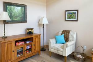 a living room with a chair and a lamp at Lovely 2-Story Home with Upper & Lower Decks, Gorgeous Lake & Hill Country Views in Burnet