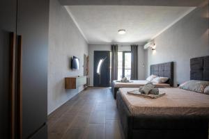 a hotel room with two beds and a hallway at Sofia Luxury Apartments in Gevgelija