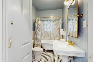 a bathroom with a tub and a toilet and a sink at Blue Haus with Hot Tub, Shuffleboard, EV Charger - Walk to Town & Wineries in Johnson City +11 photos
