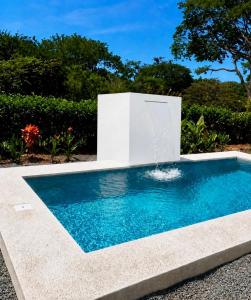 a swimming pool with a fountain in a yard at Encantadora Casa Amapolas in Cóbano