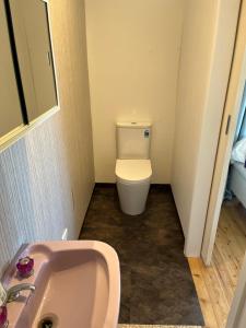 a small bathroom with a toilet and a sink at 1 Bedroom Flat with Private Kitchen & Ensuite in Bulli