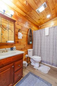 a bathroom with a toilet and a sink in a cabin at Edge View Chalet in Bryson City +34 photos