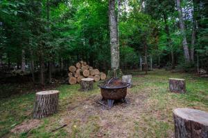 a grill with a bunch of trees and logs at Asher Manor by Simple Life Rentals in Egg Harbor
