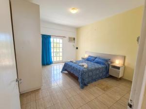 a bedroom with a blue bed and a window at Departamentos Marconi 1B in Resistencia