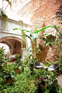 einen Garten mit Pflanzen vor einem Backsteingebäude in der Unterkunft Alfiz Hotel in Cartagena de Indias