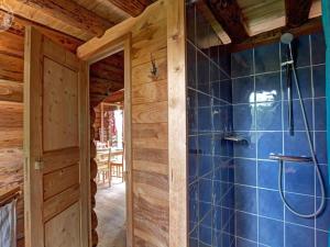 a bathroom with a shower with blue tiles at Chalet rustique avec poêle à bois - 3 pers, animaux admis - FR-1-496-187 in Saint-Martin-la-Sauveté