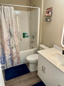 a bathroom with a toilet and a shower and a sink at Modern Private Suite, Cozy, Stylish & Spacious in Regina