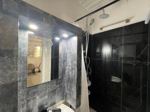 a bathroom with a shower and a sink and a mirror at Sucriers in Garnier +11 photos