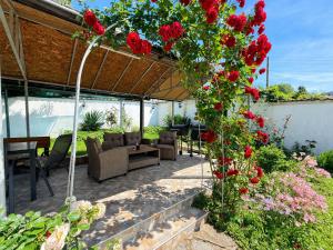 a patio with red roses growing on a pergola at Guest House Orfey in Kranevo +24 photos