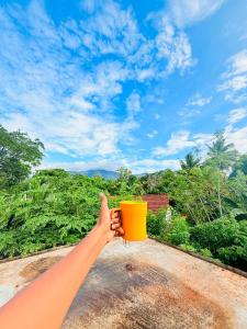 a person holding up a yellow cup with their hand at Dew homestay in Wellawaya