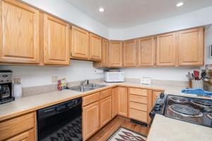 a kitchen with wooden cabinets and a sink at Riverside Condos D02 condo in Telluride