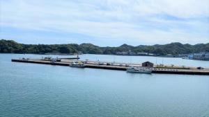 a dock with cars and boats on the water at Hotel Urashima in Katsuura