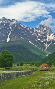 a house in a field in front of a mountain at Cottage Keleri in Mazeri