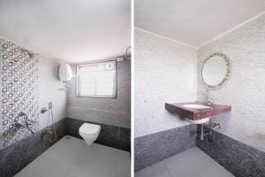 two pictures of a bathroom with a sink and a toilet at Hotel O Satara Bypass Formerly Sairaj Lodging in Satara