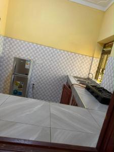 a kitchen with a counter top and a refrigerator at Binga villa in Kisoro +11 photos