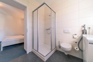 a bathroom with a shower and a toilet at Gästehaus Am Hothertor in Görlitz +29 photos