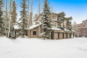a house is covered in snow in a yard at Take A Break In Breck in Breckenridge