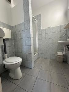 a bathroom with a toilet and a sink at Arnold Apartmanház in Bük