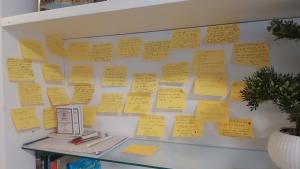 a wall with yellow sticky notes on it at Metro&Mare House in Lido di Ostia