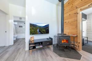 a living room with a fireplace and a painting on the wall at Spa & Riverside - Le Ptit Cool Des Bois in Trois Rives
