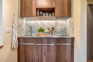 a kitchen with wooden cabinets and a sink at Küstenblau - Fulgenhaus in Klein Bollhagen