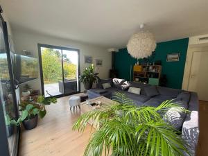 a living room with a blue couch and some plants at La Maison Bernard in Roquefort-la-Bédoule