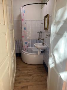 a bathroom with a tub and a sink and a shower at Staré časy in Chotěboř +7 photos