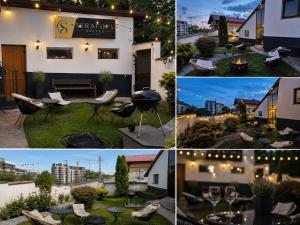 a collage of photos of a house with a fire pit at Serafim's Suites Airport in Iaşi